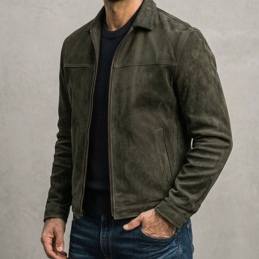 Men's Distressed Genuine Leather Zip-Up Trucker Jacket - Green
