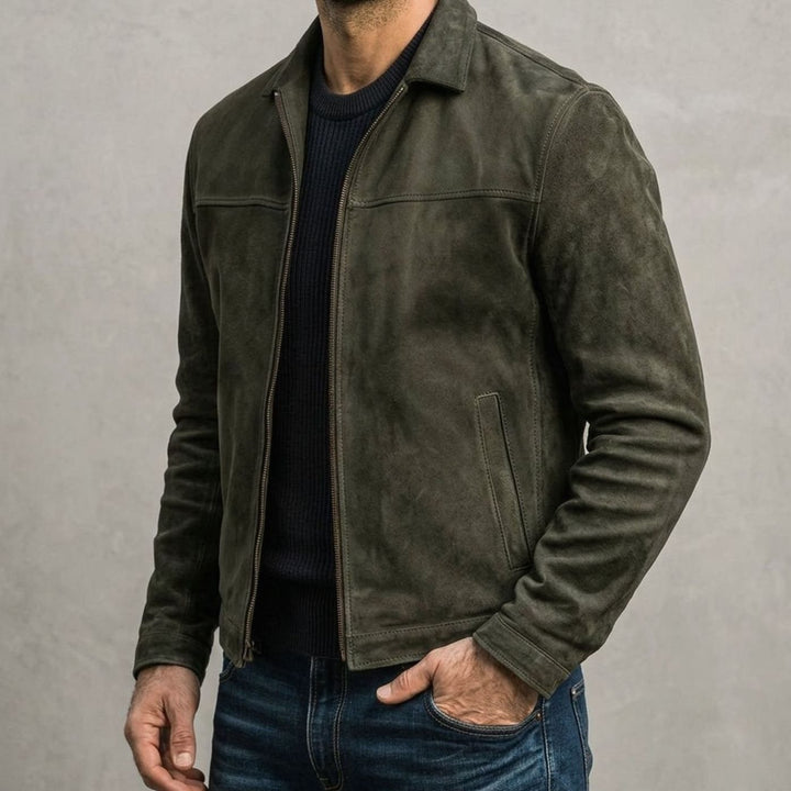 Men's Distressed Genuine Leather Zip-Up Trucker Jacket - Green