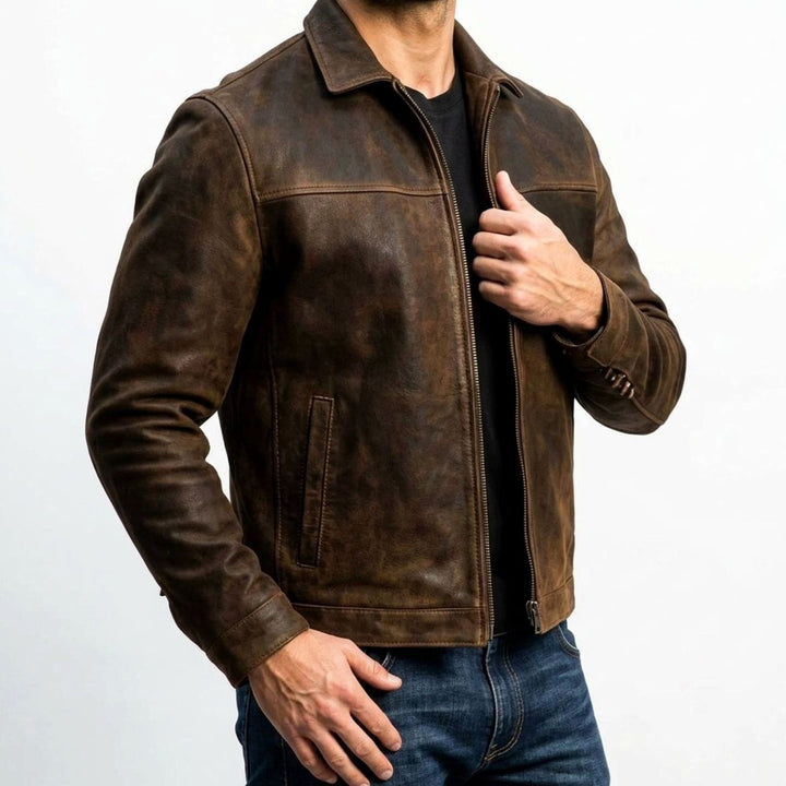 Men's Distressed Genuine Leather Zip-Up Trucker Jacket