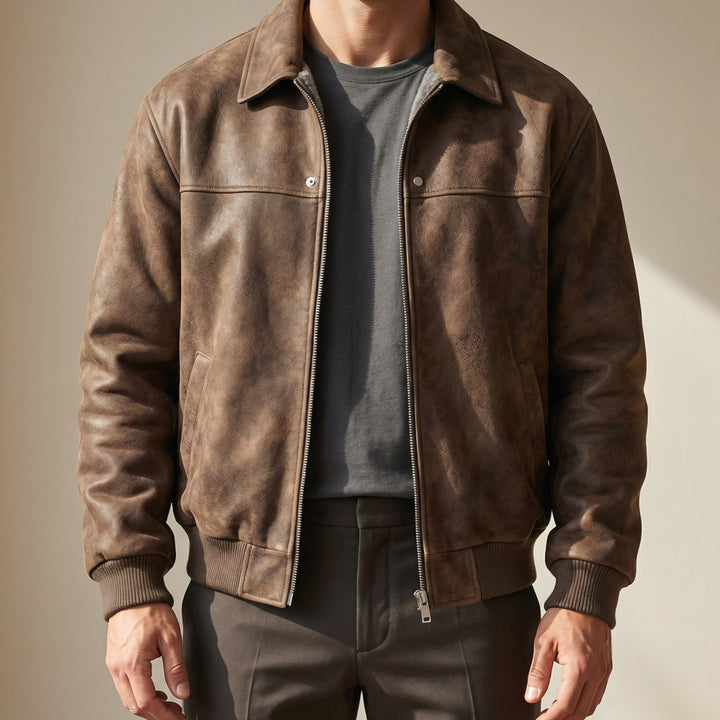 Men's Distressed Lambskin Leather Zip-Up Bomber Jacket - Brown