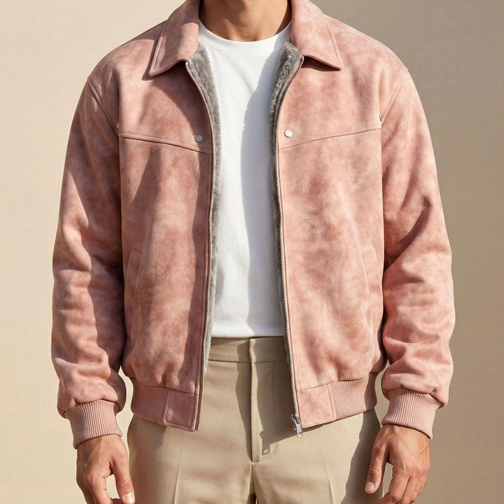 Men's Distressed Lambskin Leather Zip-Up Bomber Jacket - Pink