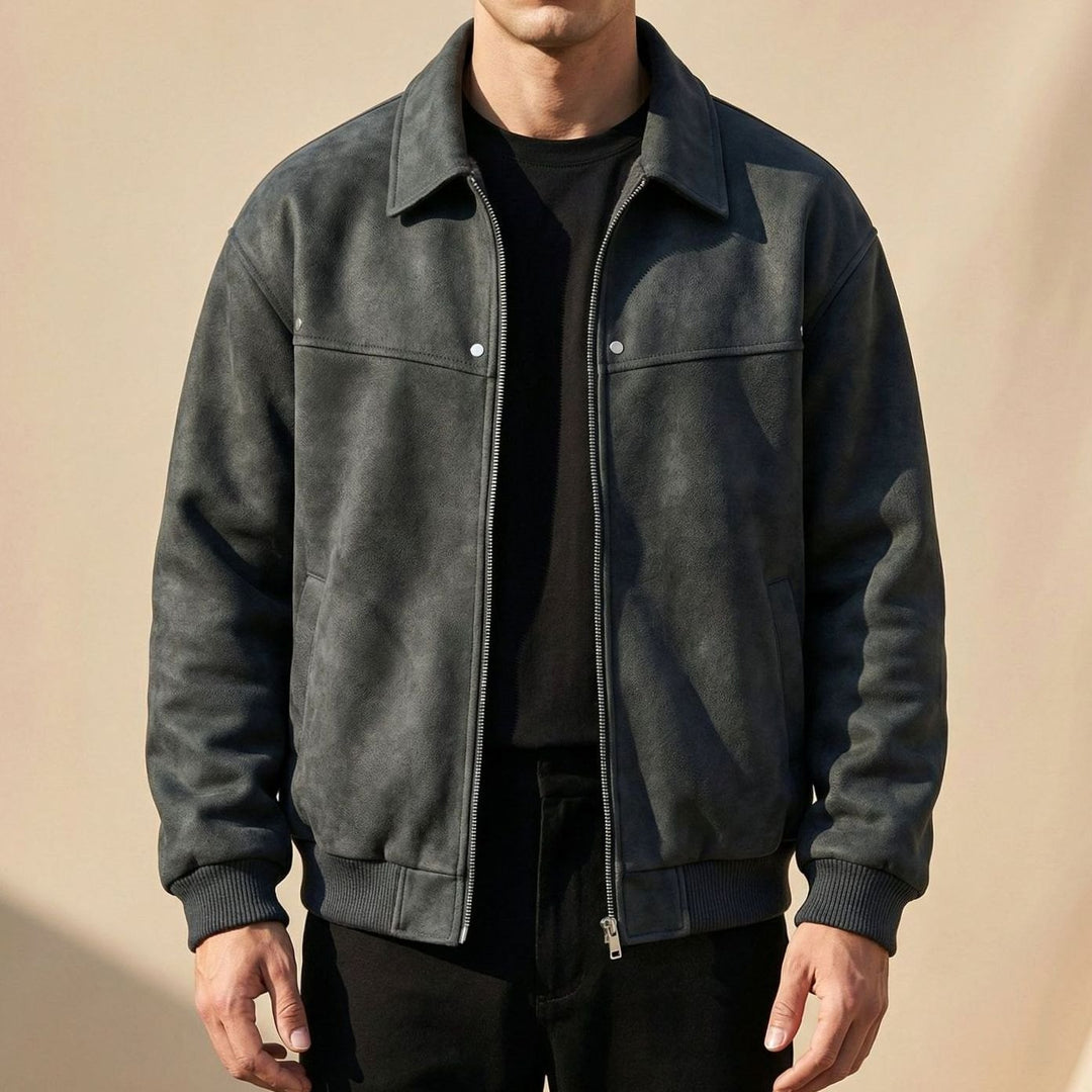 Men's Distressed Lambskin Leather Zip-Up Bomber Jacket - Grey