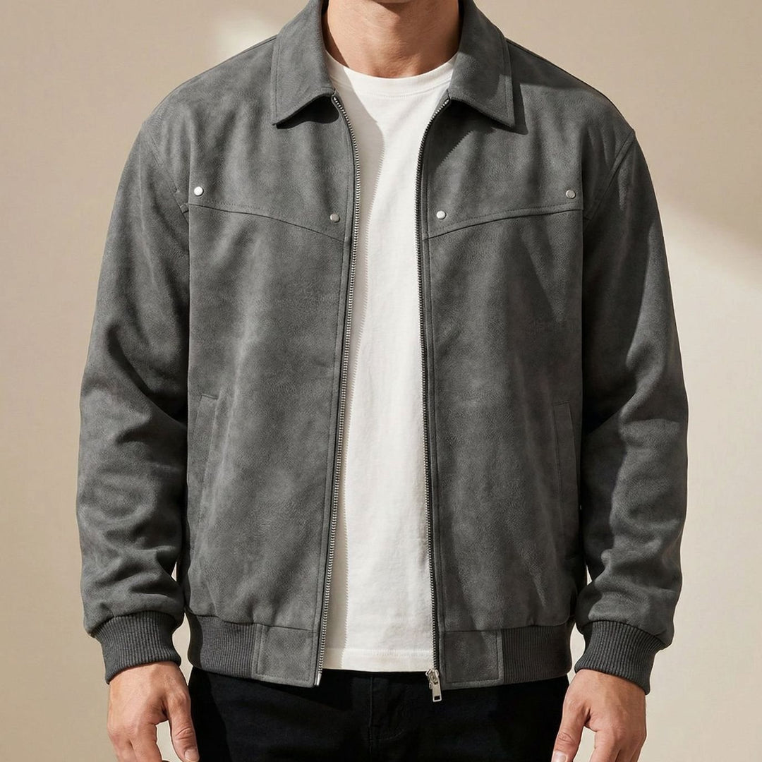 Men's Distressed Lambskin Leather Zip-Up Bomber Jacket - Light Grey