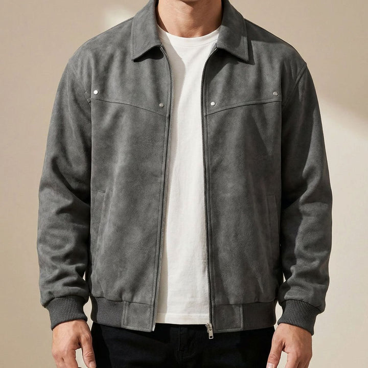 Men's Distressed Lambskin Leather Zip-Up Bomber Jacket - Light Grey