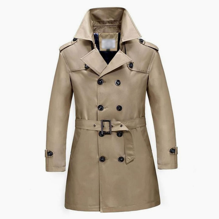 Men's Double-Breasted Belted Slim-Fit Trench Coat - Khaki