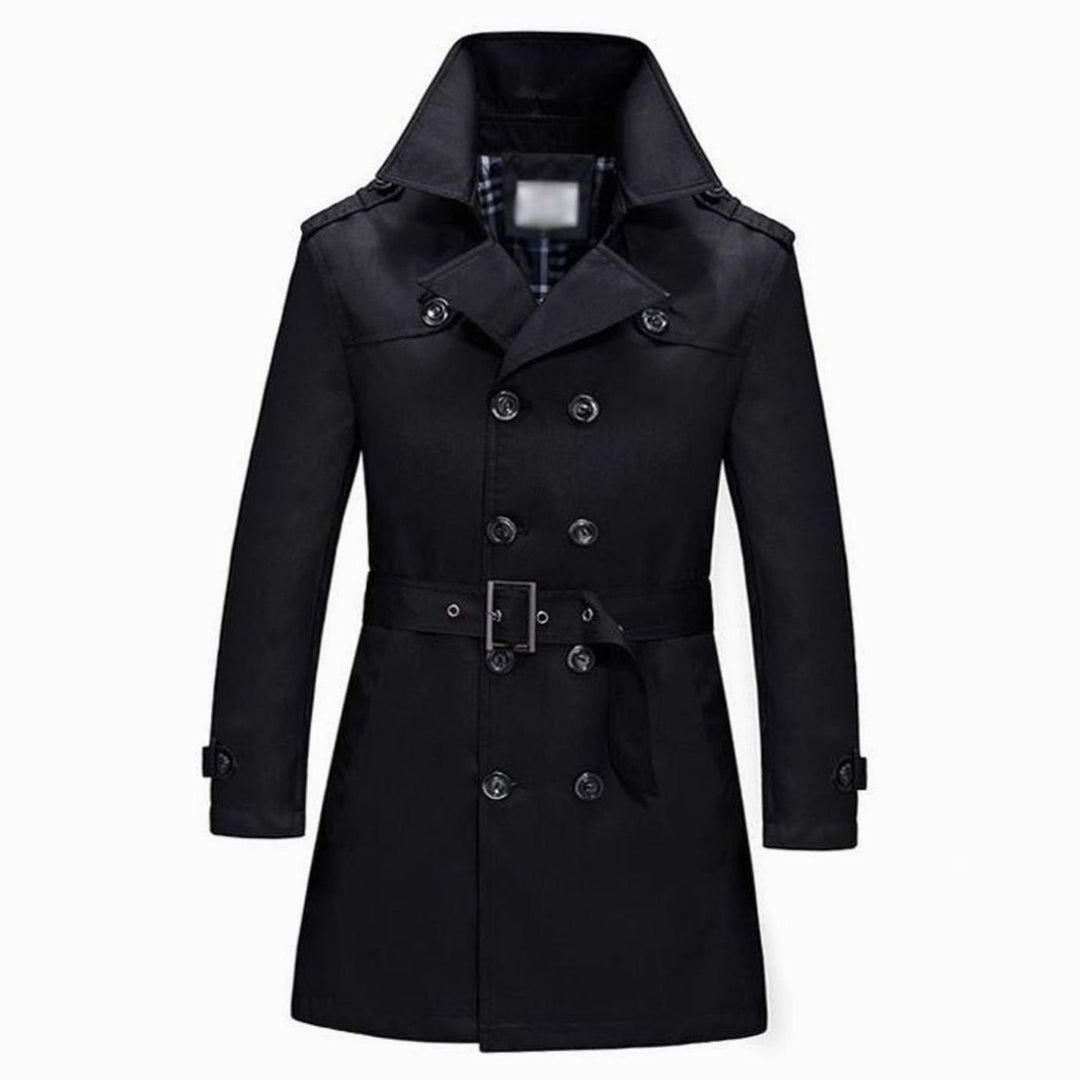 Men's Double-Breasted Belted Slim-Fit Trench Coat - Black
