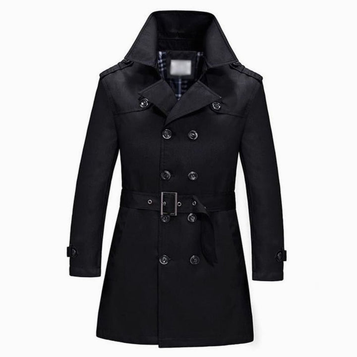 Men's Double-Breasted Belted Slim-Fit Trench Coat - Black