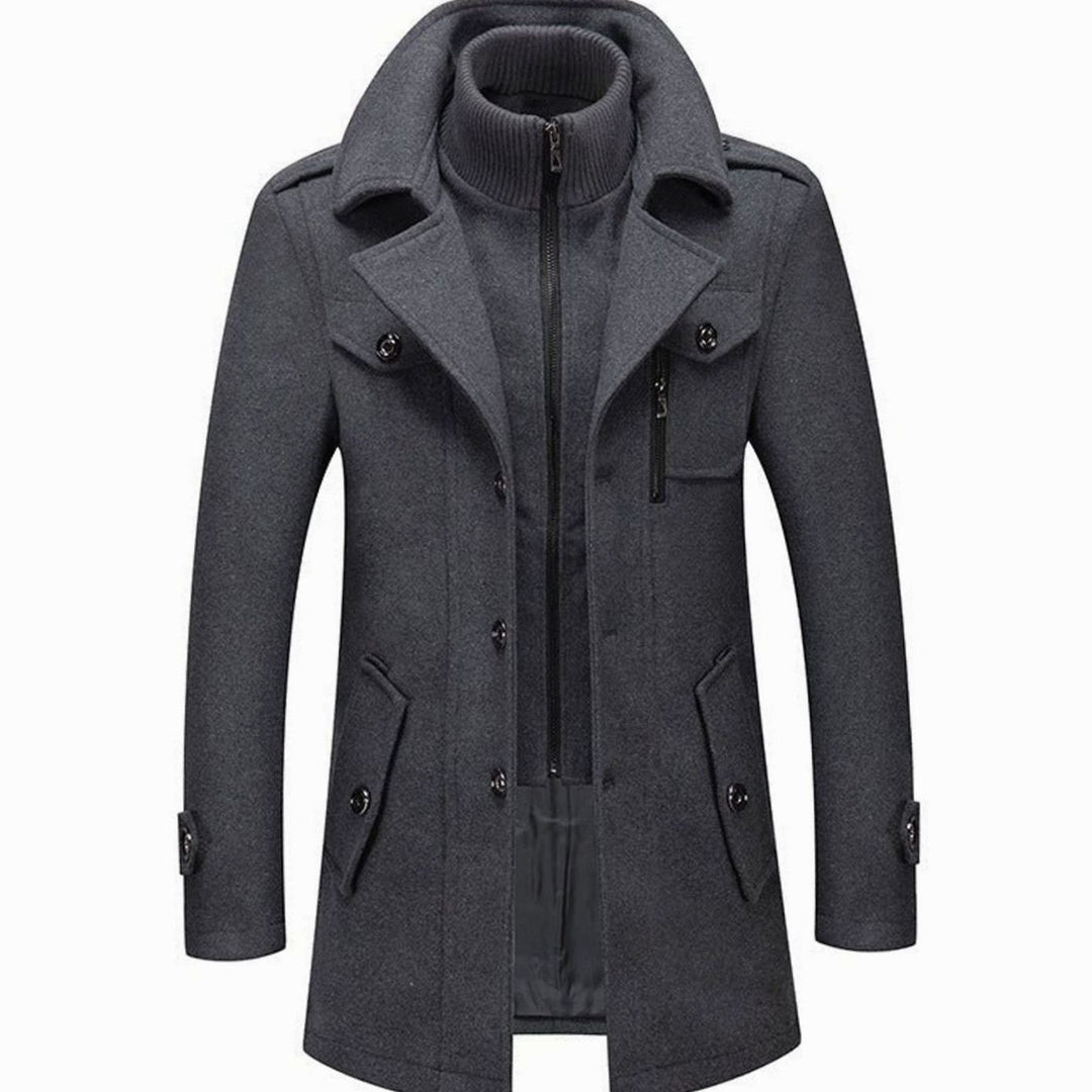 Men's Double-Layer Slim-Fit Wool-Look Winter Overcoat - Grey