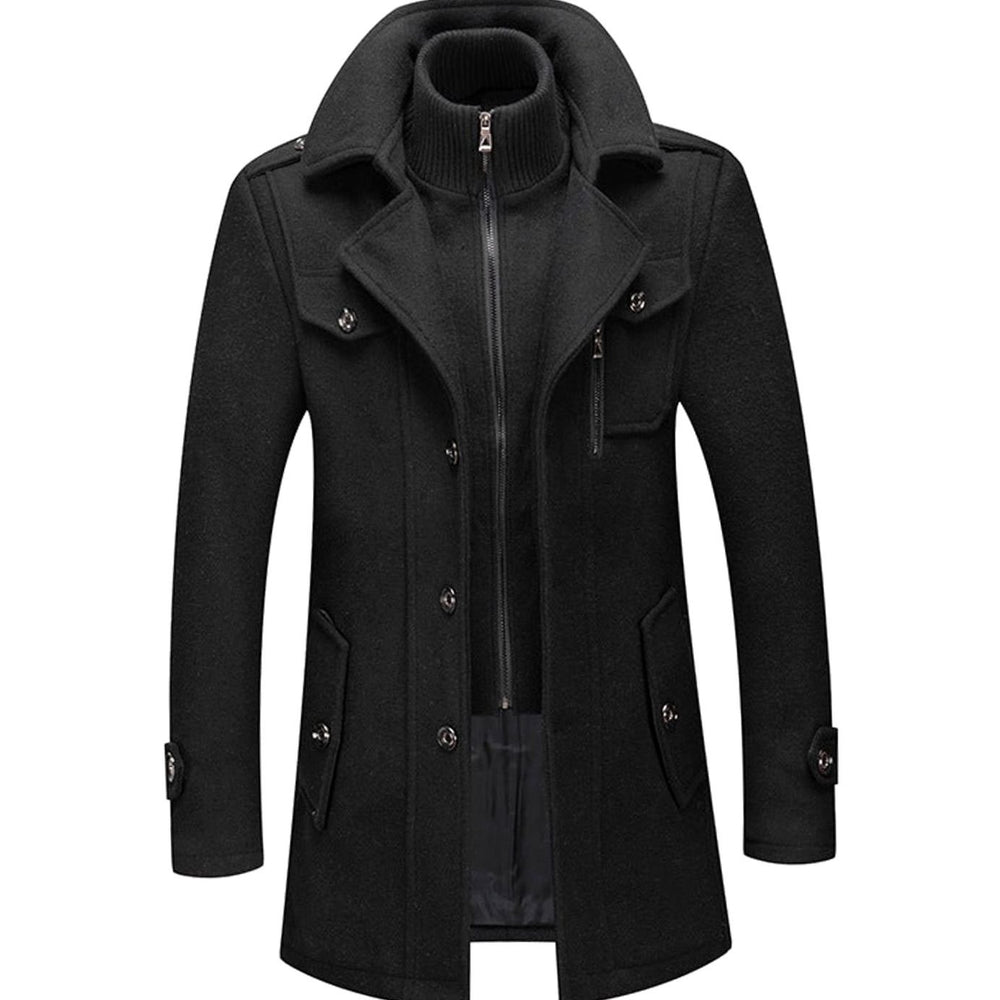 Men's Double-Layer Slim-Fit Wool-Look Winter Overcoat - Black