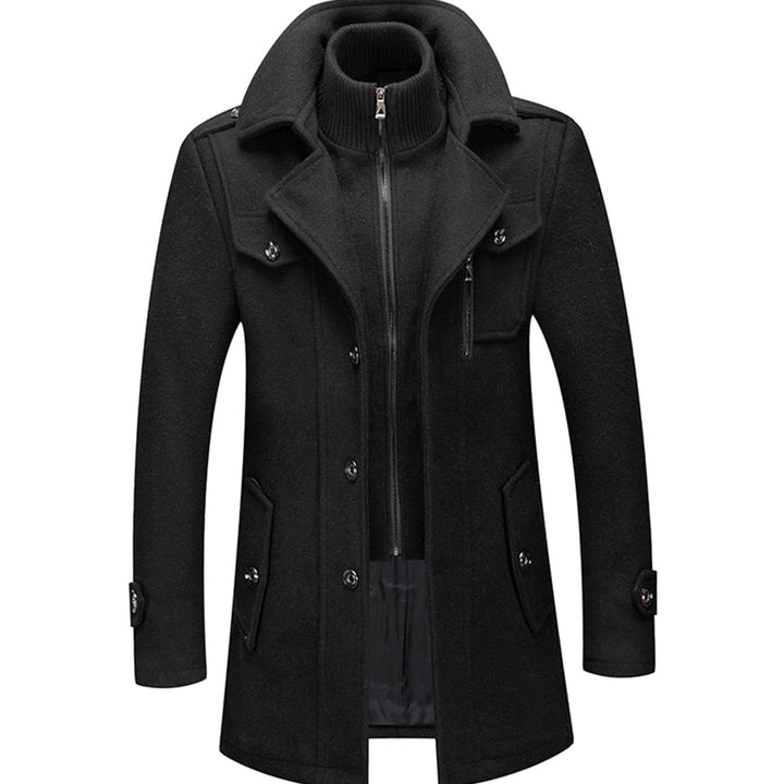 Men's Double-Layer Slim-Fit Wool-Look Winter Overcoat - Black
