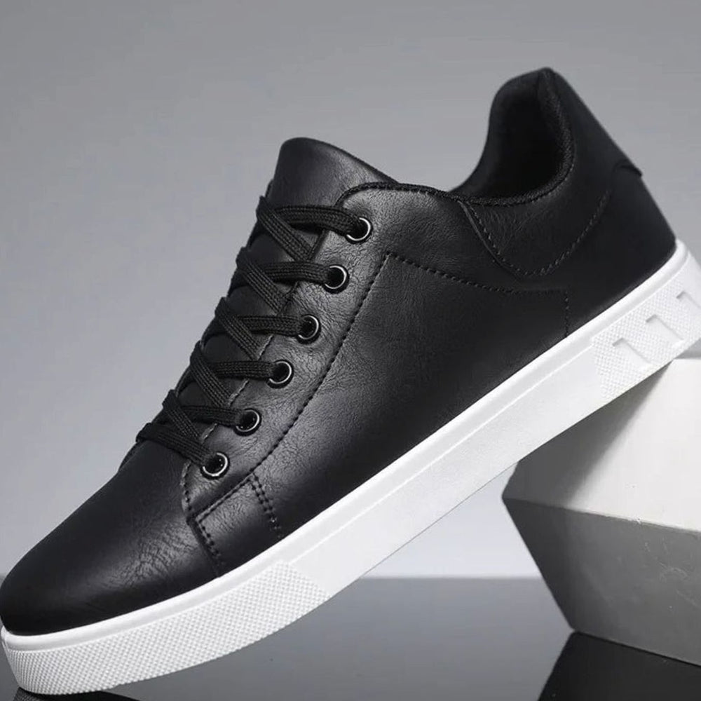 Men's Faux Leather Lace-Up Flatform Casual Trainers - Black