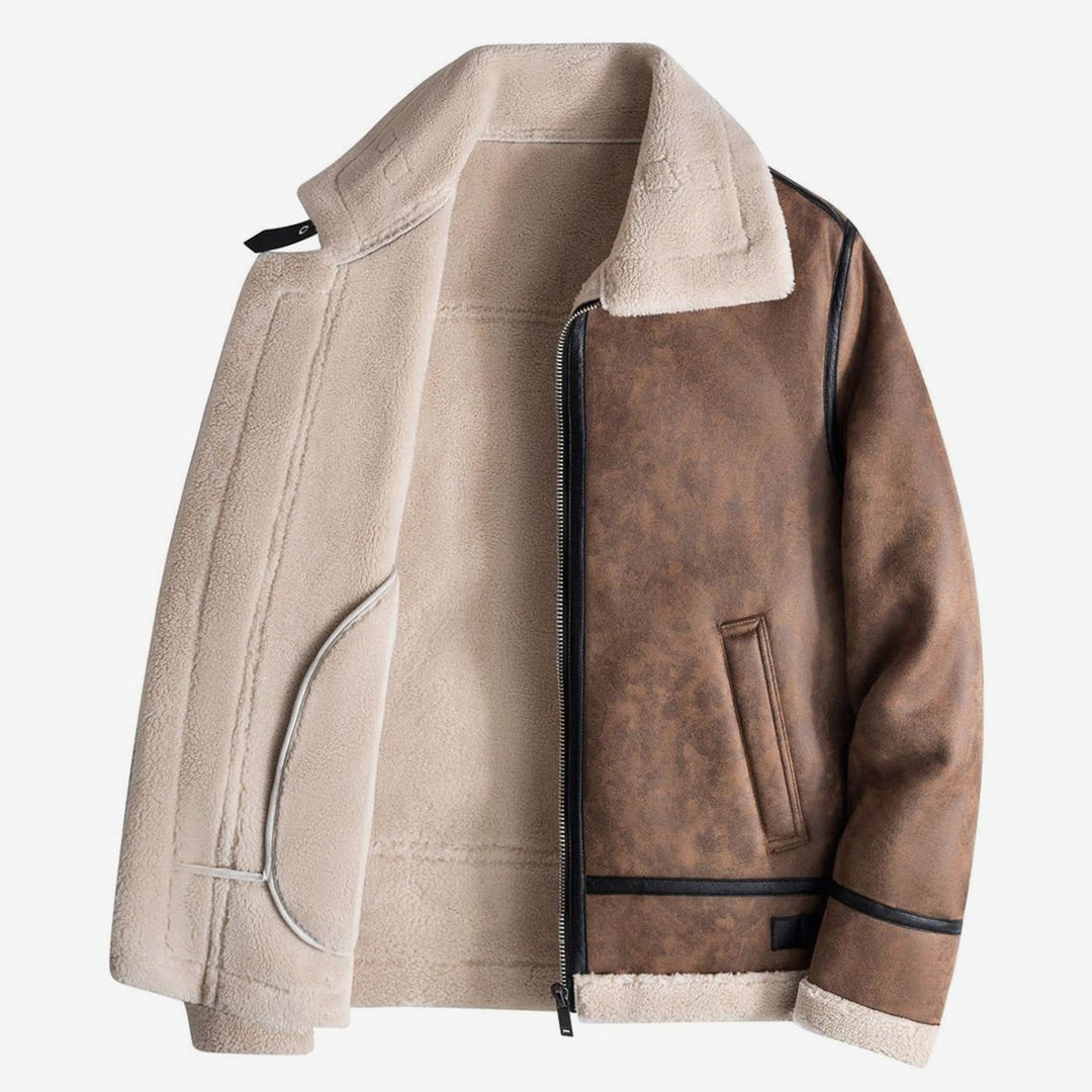 Men's Faux Shearling Lined Leather-Finish Winter Jacket - Brown