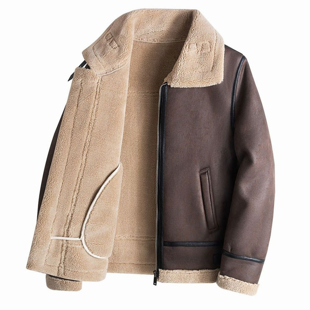 Men's Faux Shearling Lined Leather-Finish Winter Jacket - Dark Brown