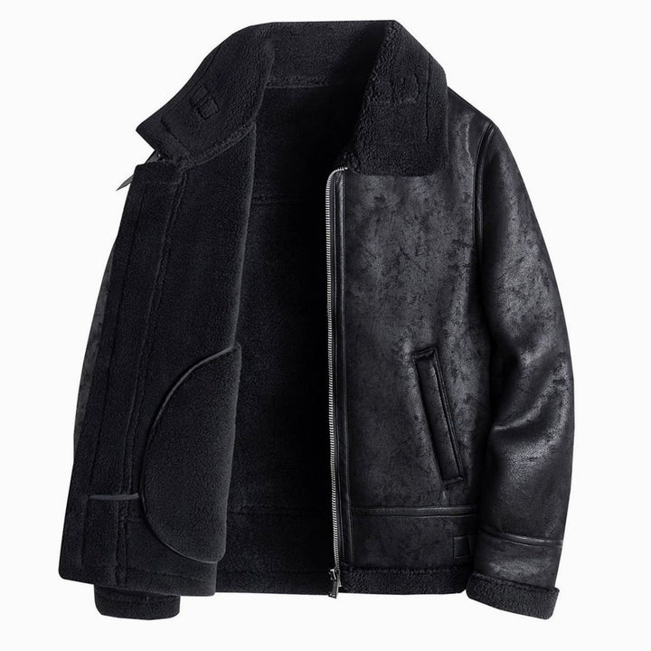 Men's Faux Shearling Lined Leather-Finish Winter Jacket - Black