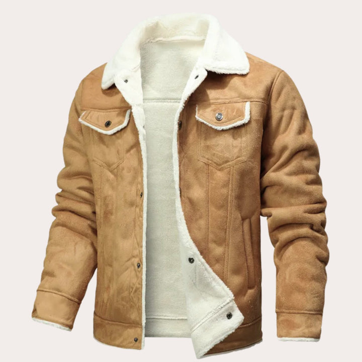 Men's Faux-Shearling Lined Suede-Effect Winter Jacket - Khaki