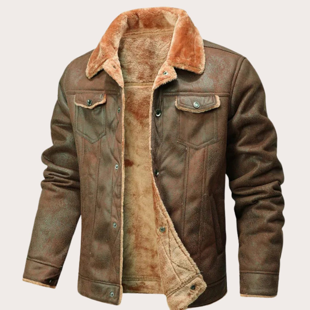 Men's Faux-Shearling Lined Suede-Effect Winter Jacket - Brown