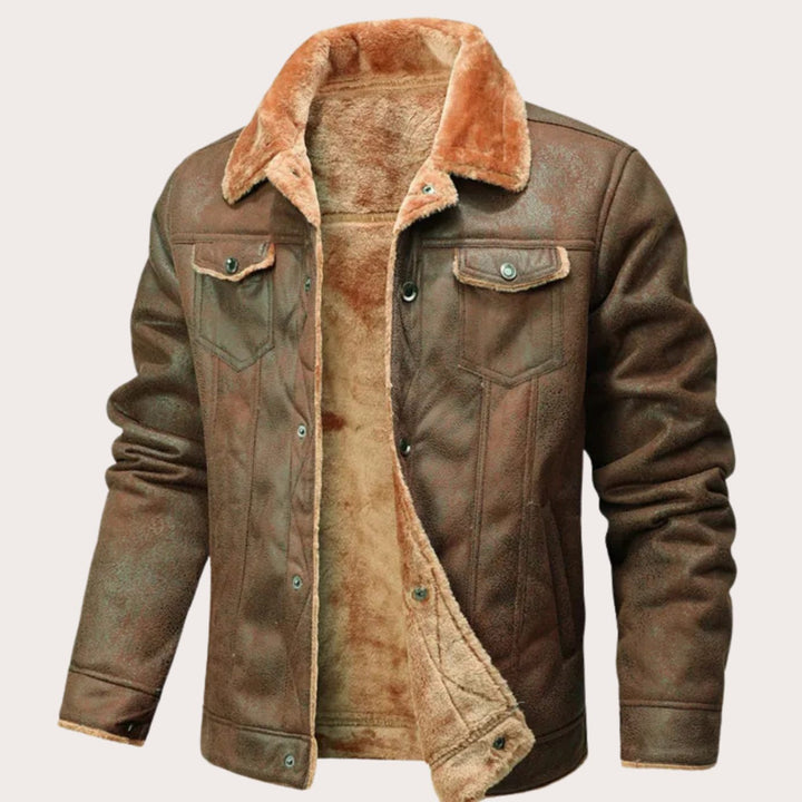 Men's Faux-Shearling Lined Suede-Effect Winter Jacket - Brown