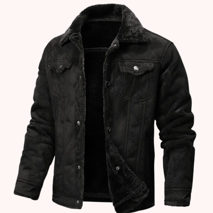 Men's Faux-Shearling Lined Suede-Effect Winter Jacket - Black