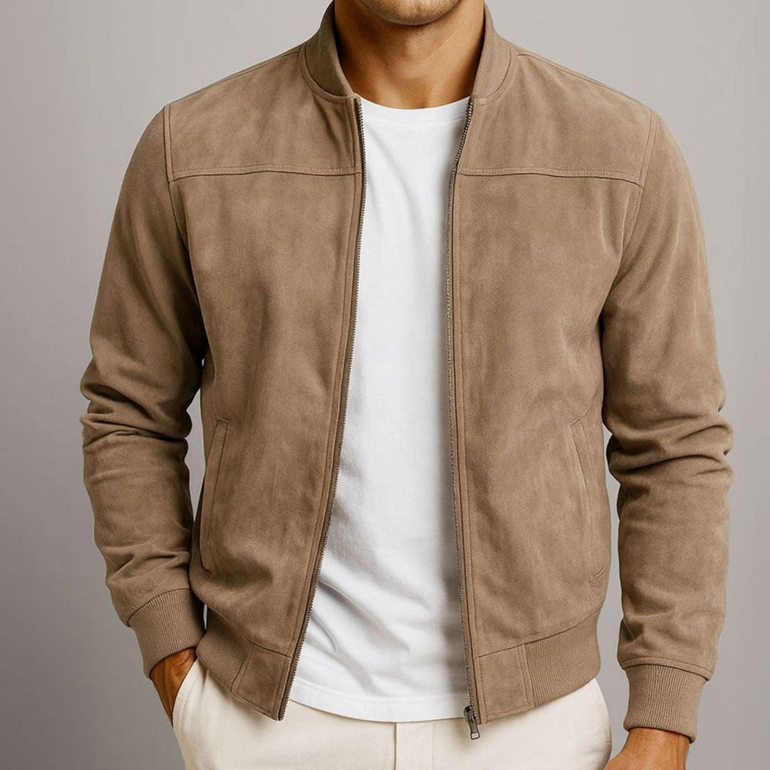 Men's Faux Suede Zip-Up Bomber Jacket with Side Pockets - Brown