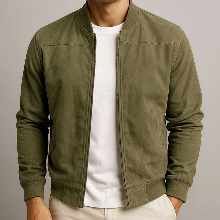 Men's Faux Suede Zip-Up Bomber Jacket with Side Pockets - Green