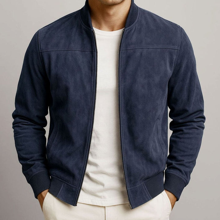 Men's Faux Suede Zip-Up Bomber Jacket with Side Pockets - Navy