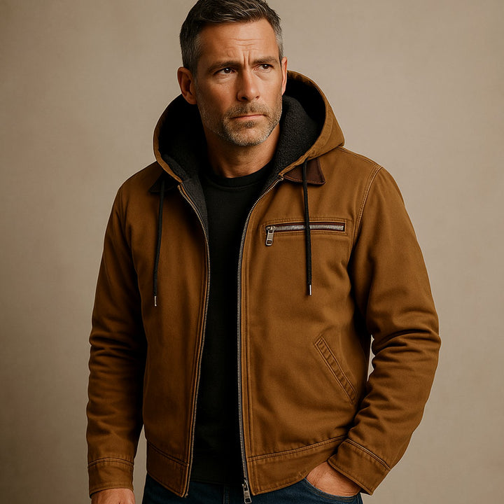 Men's Fleece-Lined Hooded Canvas Bomber Jacket - Brown