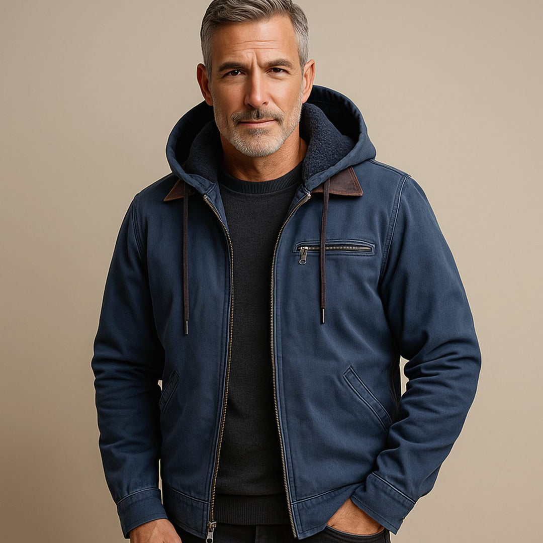 Men's Fleece-Lined Hooded Canvas Bomber Jacket - Blue
