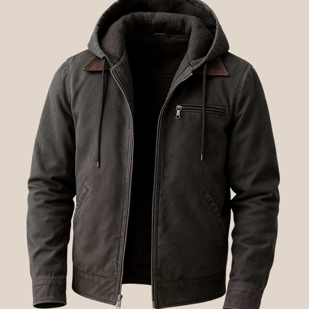 Men's Fleece-Lined Hooded Canvas Bomber Jacket - Grey