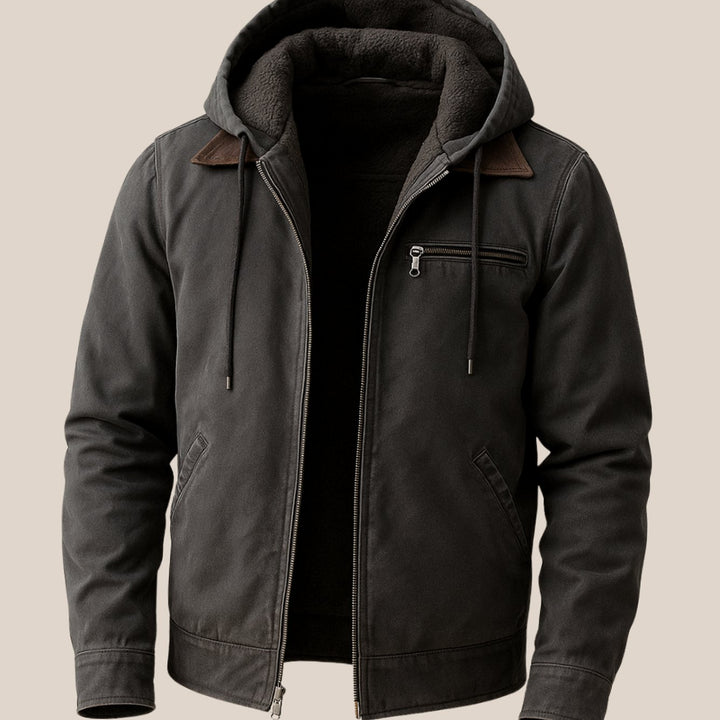 Men's Fleece-Lined Hooded Canvas Bomber Jacket - Grey