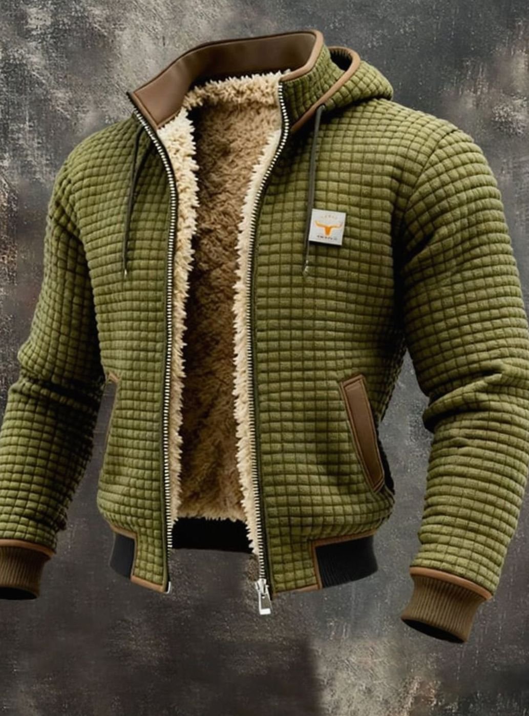 Men's Fleece-Lined Hooded Full-Zip Winter Jacket - Olive Green