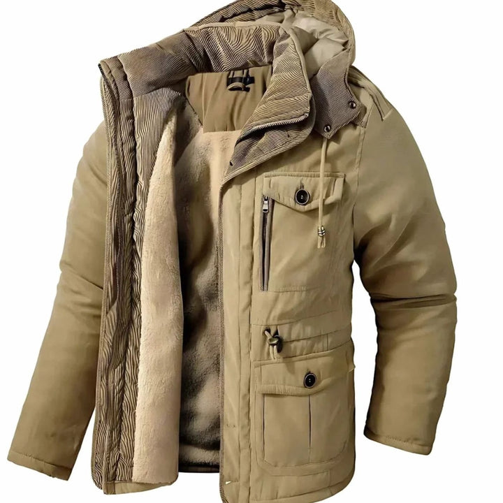 Men's Fleece-Lined Hooded Windproof Parka Winter Coat - Khaki