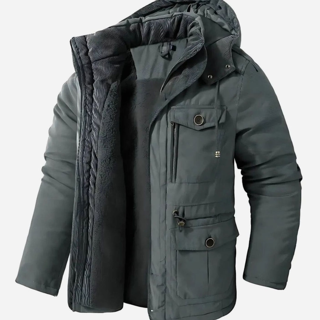 Men's Fleece-Lined Hooded Windproof Parka Winter Coat - Grey