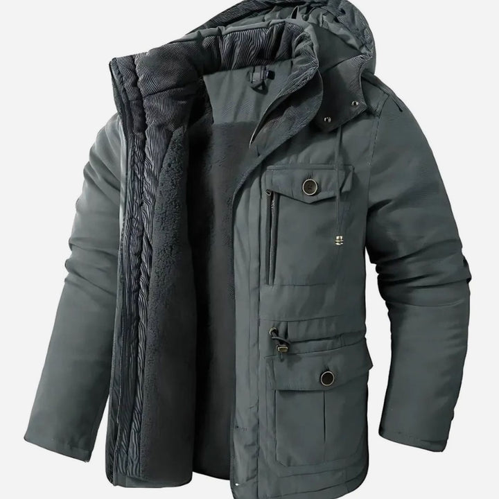 Men's Fleece-Lined Hooded Windproof Parka Winter Coat - Grey