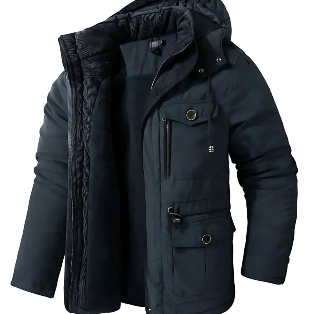 Men's Fleece-Lined Hooded Windproof Parka Winter Coat - Blue