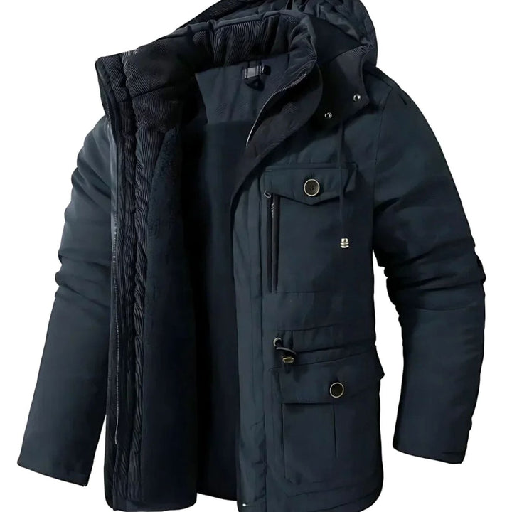 Men's Fleece-Lined Hooded Windproof Parka Winter Coat - Blue