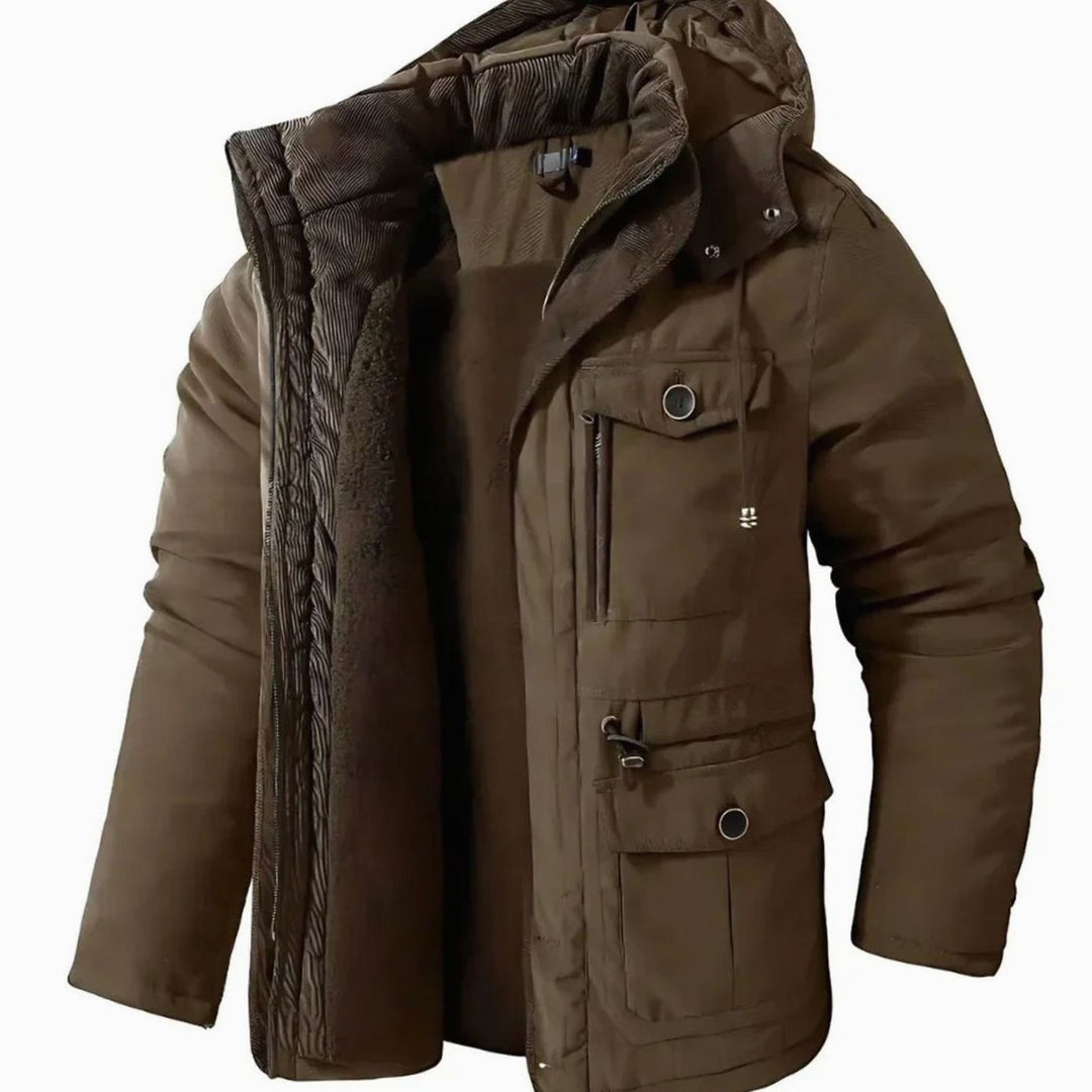 Men's Fleece-Lined Hooded Windproof Parka Winter Coat - Brown