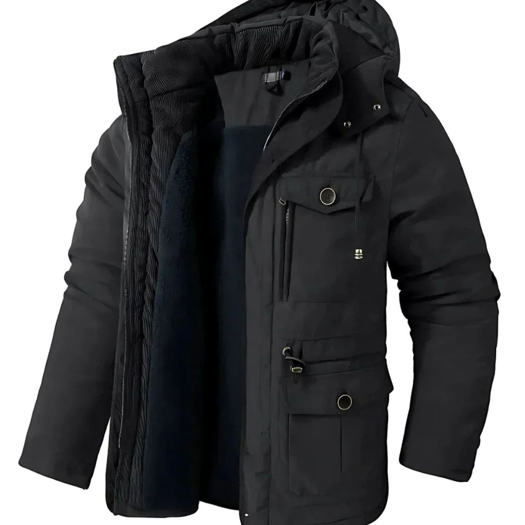 Men's Fleece-Lined Hooded Windproof Parka Winter Coat - Black