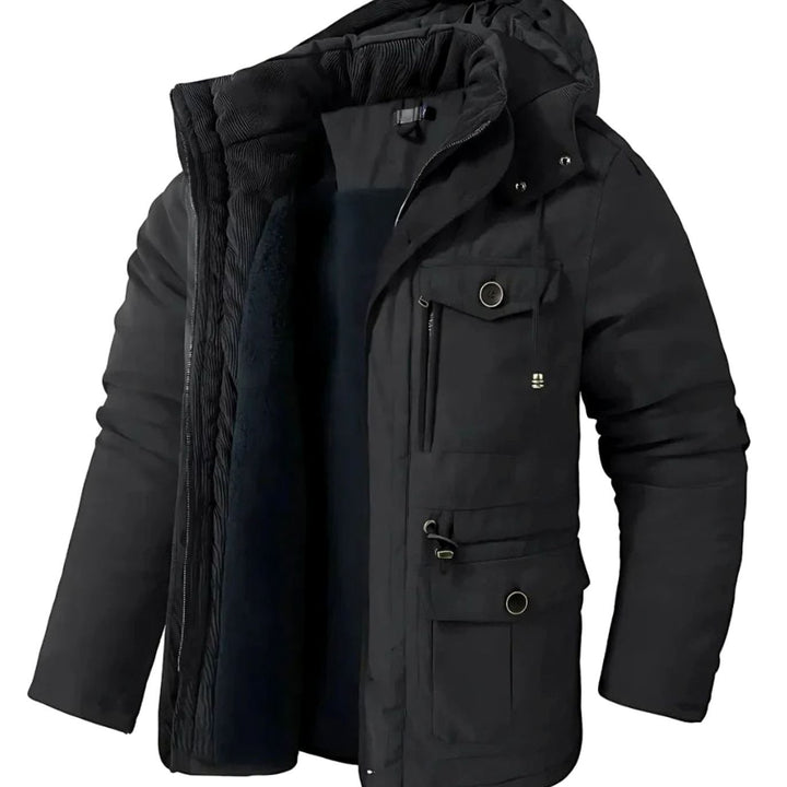 Men's Fleece-Lined Hooded Windproof Parka Winter Coat - Black