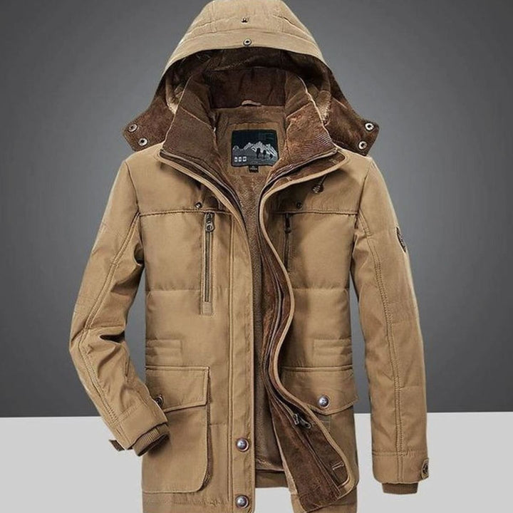 Men's Fleece-Lined Hooded Winter Parka Coat Multi-Pocket - Brown