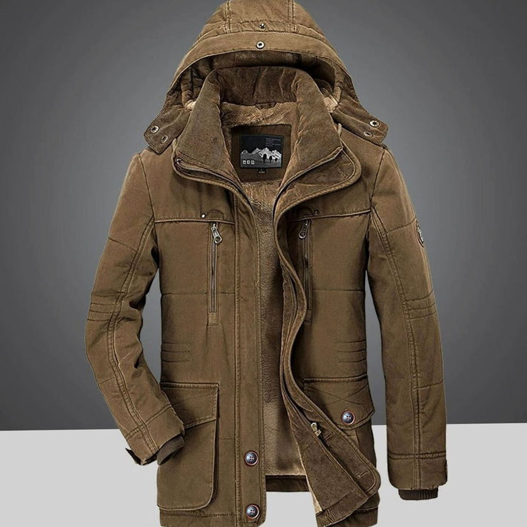 Men's Fleece-Lined Hooded Winter Parka Coat Multi-Pocket - Khaki
