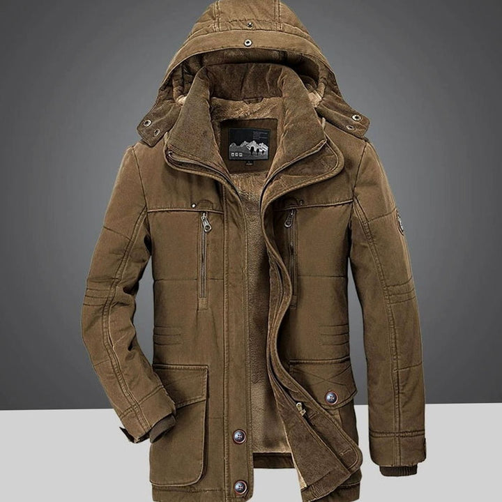 Men's Fleece-Lined Hooded Winter Parka Coat Multi-Pocket - Khaki