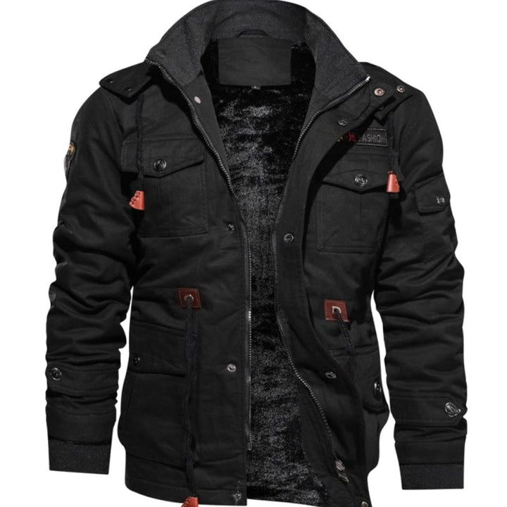 Men's Fleece-Lined Multi-Pocket Winter Cargo Jacket - Black
