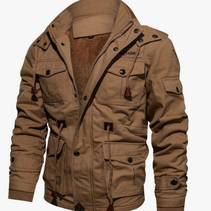 Men's Fleece-Lined Multi-Pocket Winter Cargo Jacket - Khaki