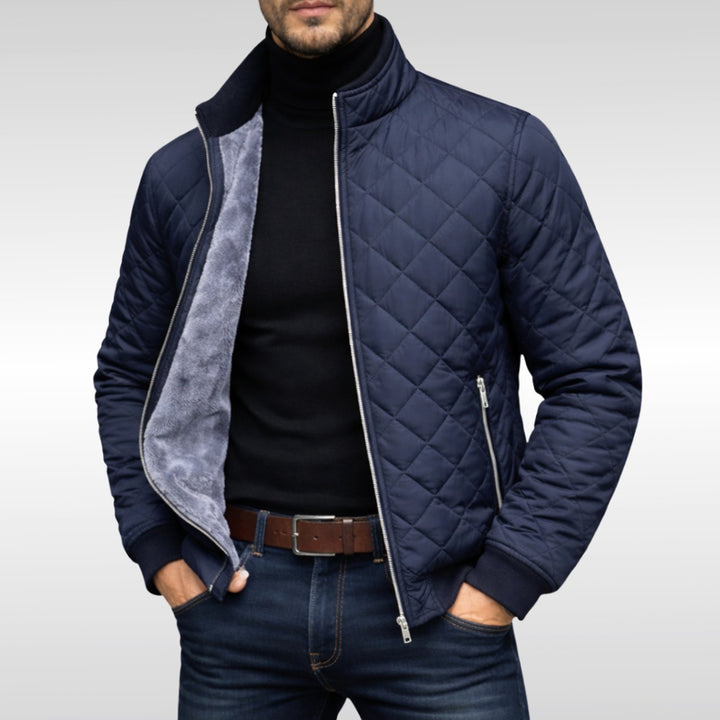 Men's Fleece-Lined Quilted Diamond-Stitch Zip-Up Jacket - Navy Blue