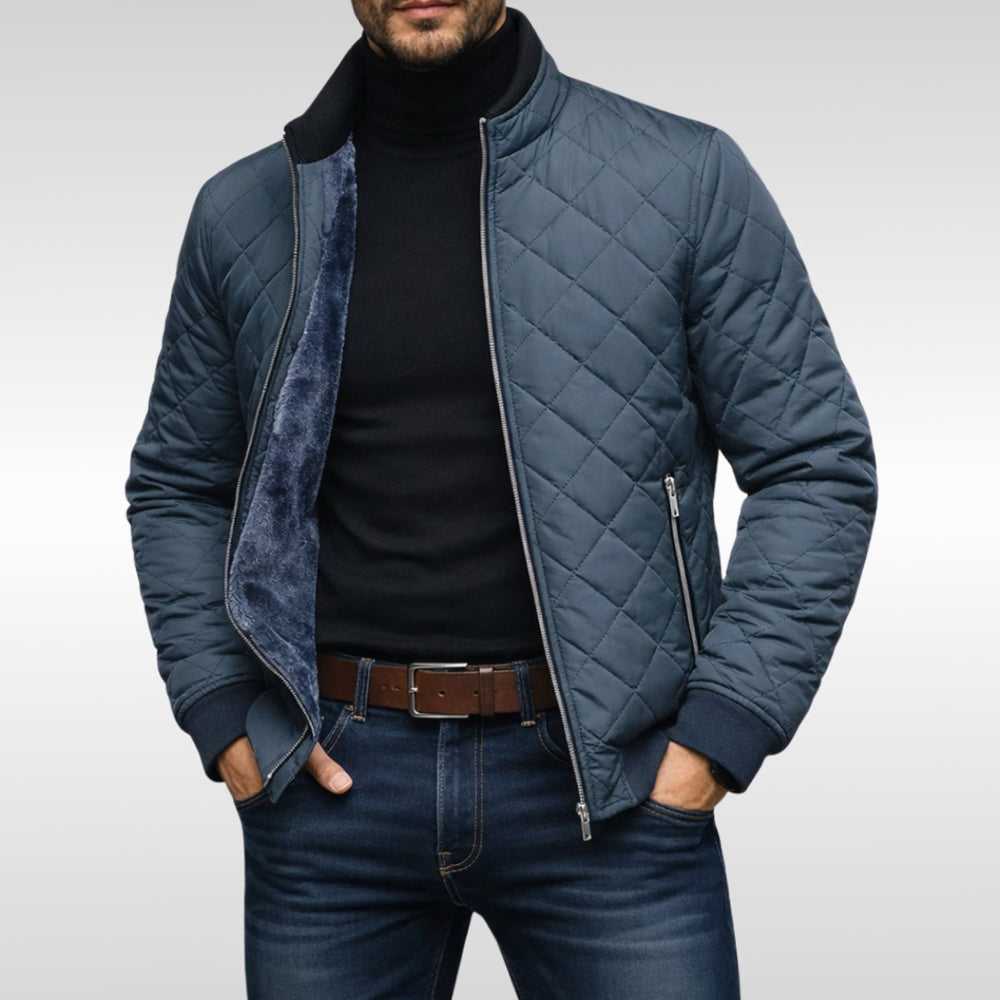 Men's Fleece-Lined Quilted Diamond-Stitch Zip-Up Jacket - Grey