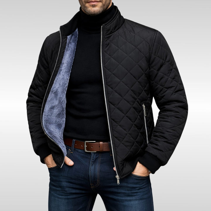 Men's Fleece-Lined Quilted Diamond-Stitch Zip-Up Jacket - Black