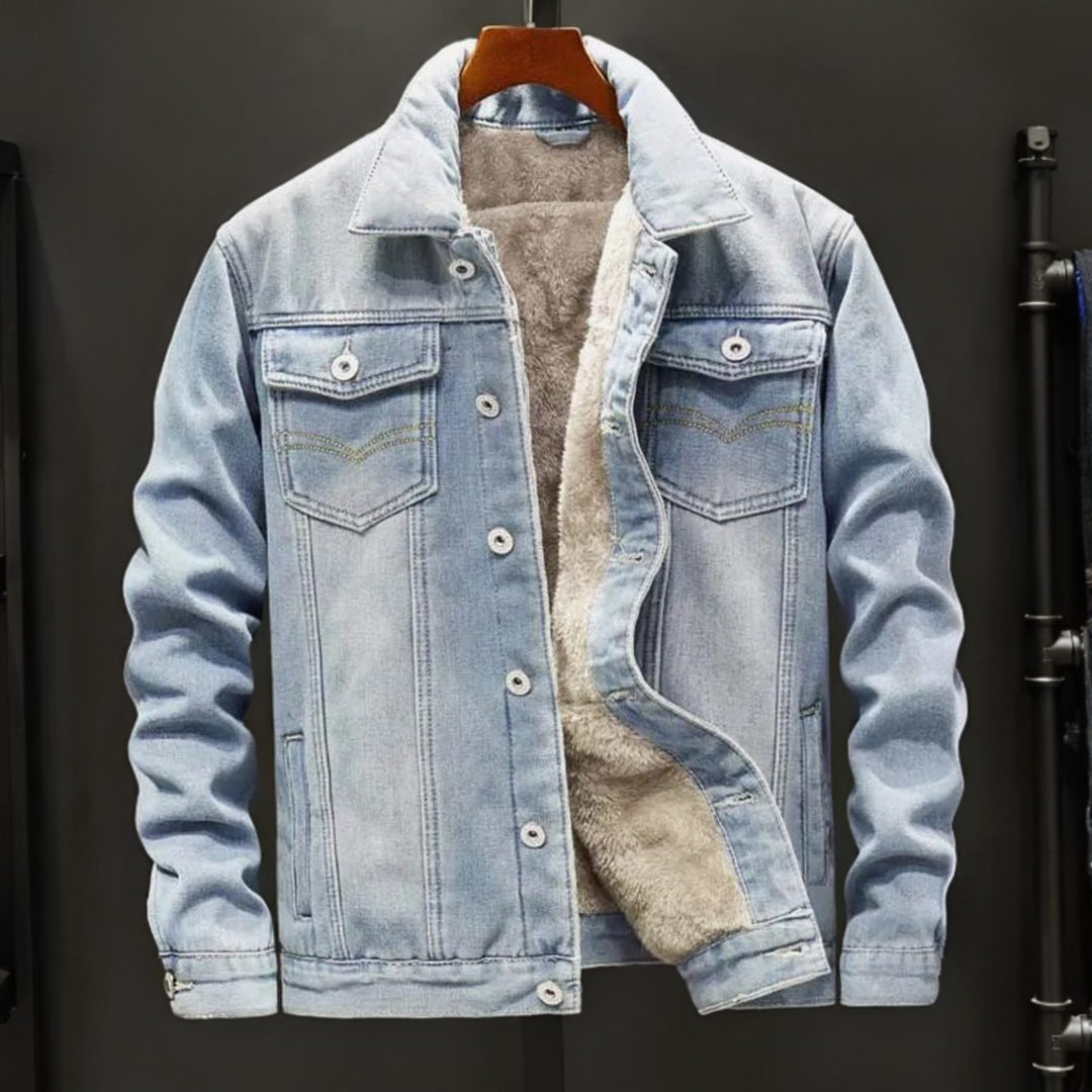 Men's Fleece-Lined Windproof Button-Up Denim Jacket - Light Blue