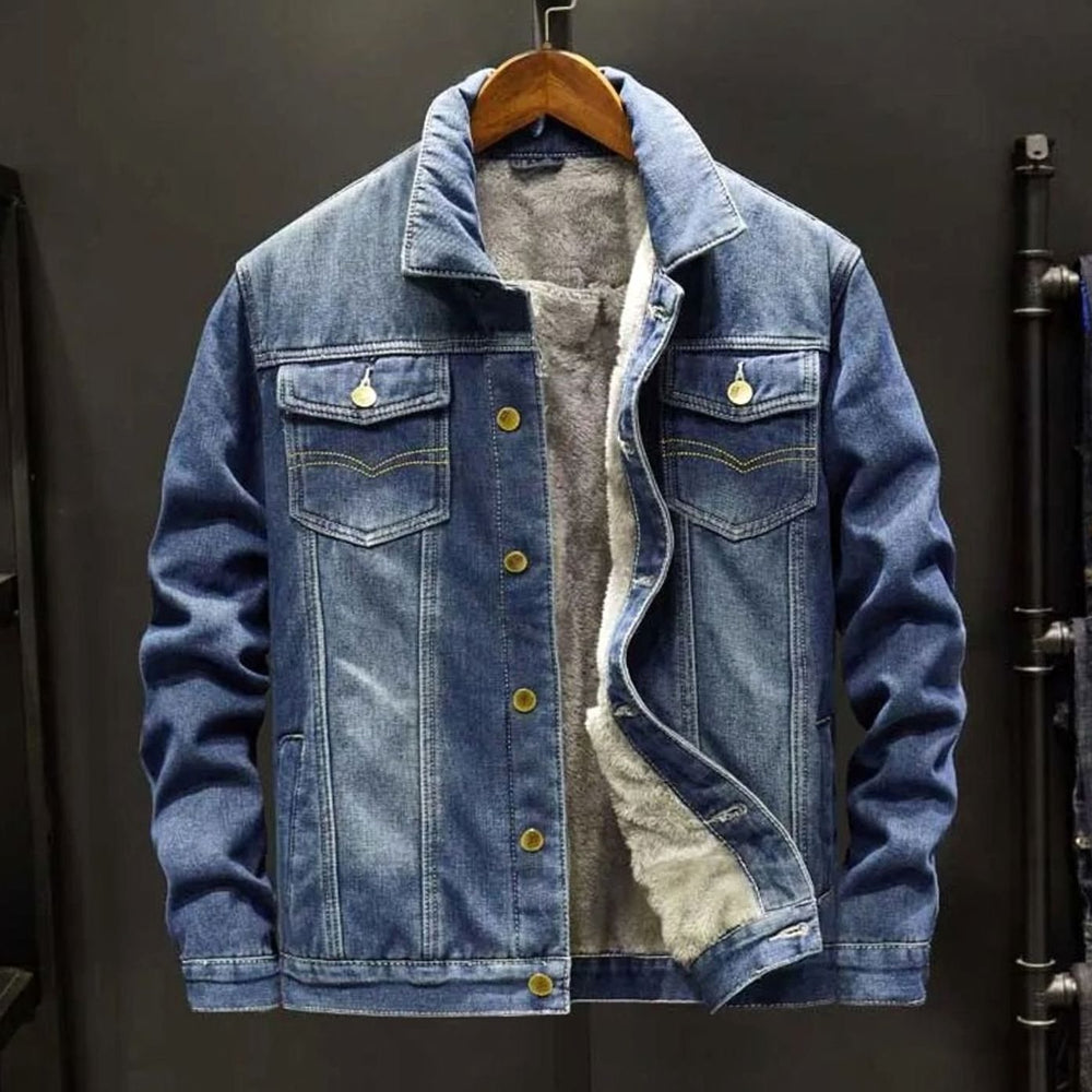 Men's Fleece-Lined Windproof Button-Up Denim Jacket - Dark Blue