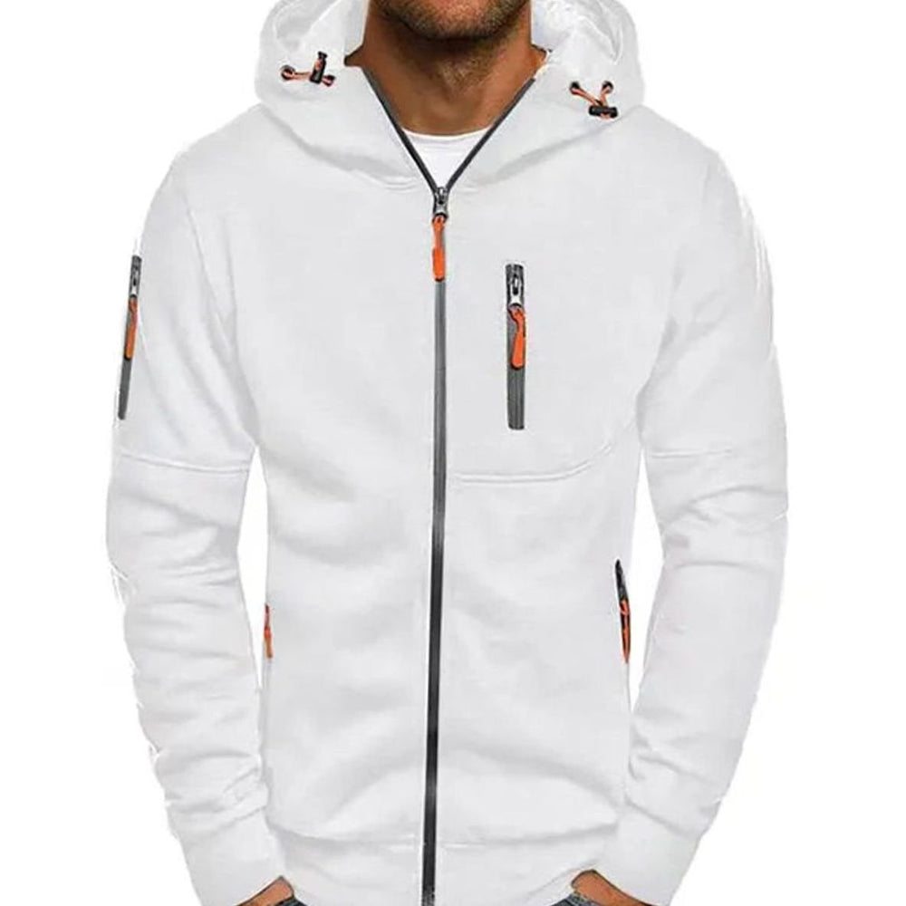Men's Fleece Zip-Up Hoodie Jacket Multi-Pocket - White