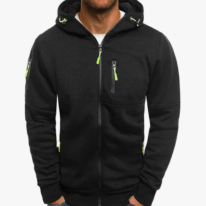 Men's Fleece Zip-Up Hoodie Jacket Multi-Pocket - Black